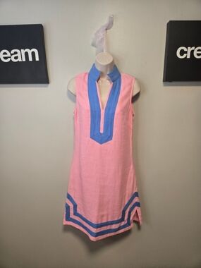 Sail to Sable Pink Shift Dress with Blue Trim XS 🌞
